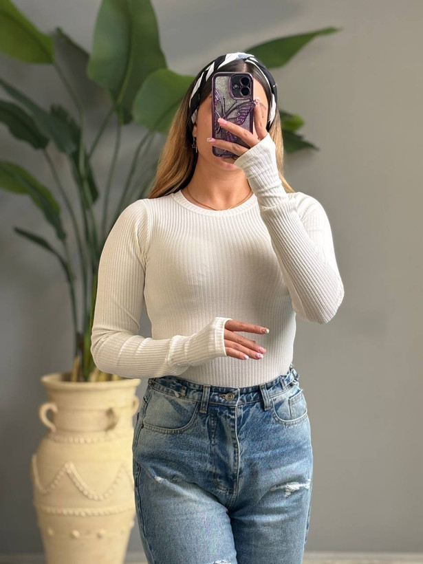 بادی یقه گرد زنانه پنبه پلیسه فینگردار