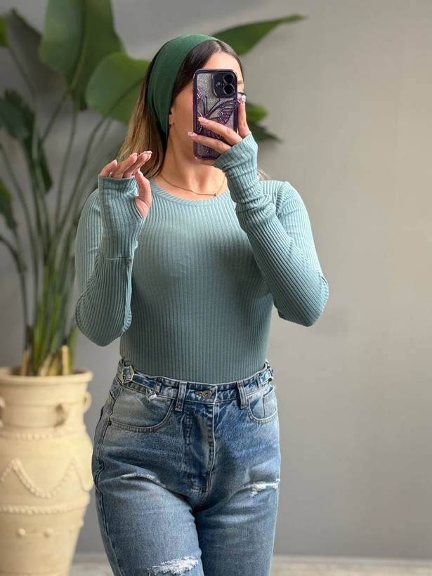 بادی یقه گرد زنانه پنبه پلیسه فینگردار