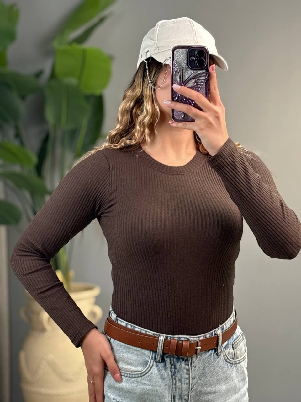 بادی زنانه یقه گرد پنبه پلیسه آستین بلند ساده